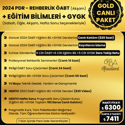 2024 PDR REHBERLİK ÖABT (Akşam) + EĞİTİM BİL. + GYGK CANLI DERS (GOLD PAKET)
